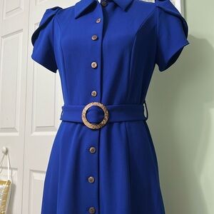 🌹Calvin Klein Blue A-Line Midi Dress with Puff Sleeves